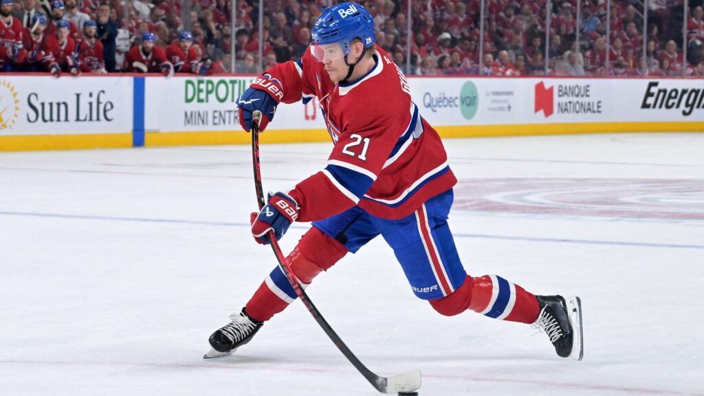 May 12, 2026; Montreal, Quebec, CAN; Montreal Canadiens defenseman Kaiden Guhle (21) takes a shot on net during the third period in game four against the Buffalo Sabres of the second round of the 2026 Stanley Cup Playoffs at Bell Centre. Mandatory Credit: Eric Bolte-Imagn Images