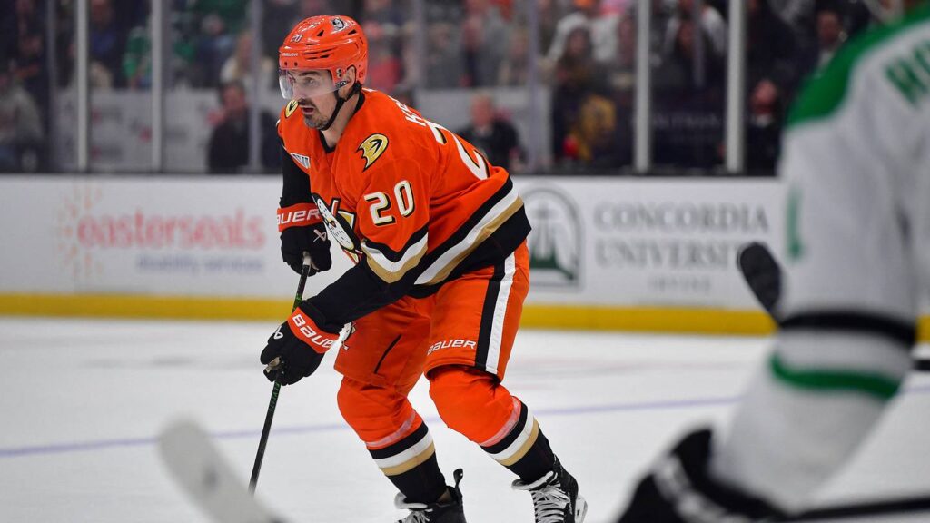 Jan 13, 2026; Anaheim, California, USA; Anaheim Ducks left wing Chris Kreider (20) moves the puck against the Dallas Stars during the third period at Honda Center. Mandatory Credit: Gary A. Vasquez-Imagn Images