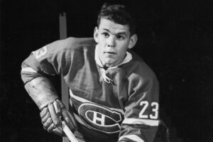Publicity portrait of Canadiens player André Pronovost in the late 1950s.