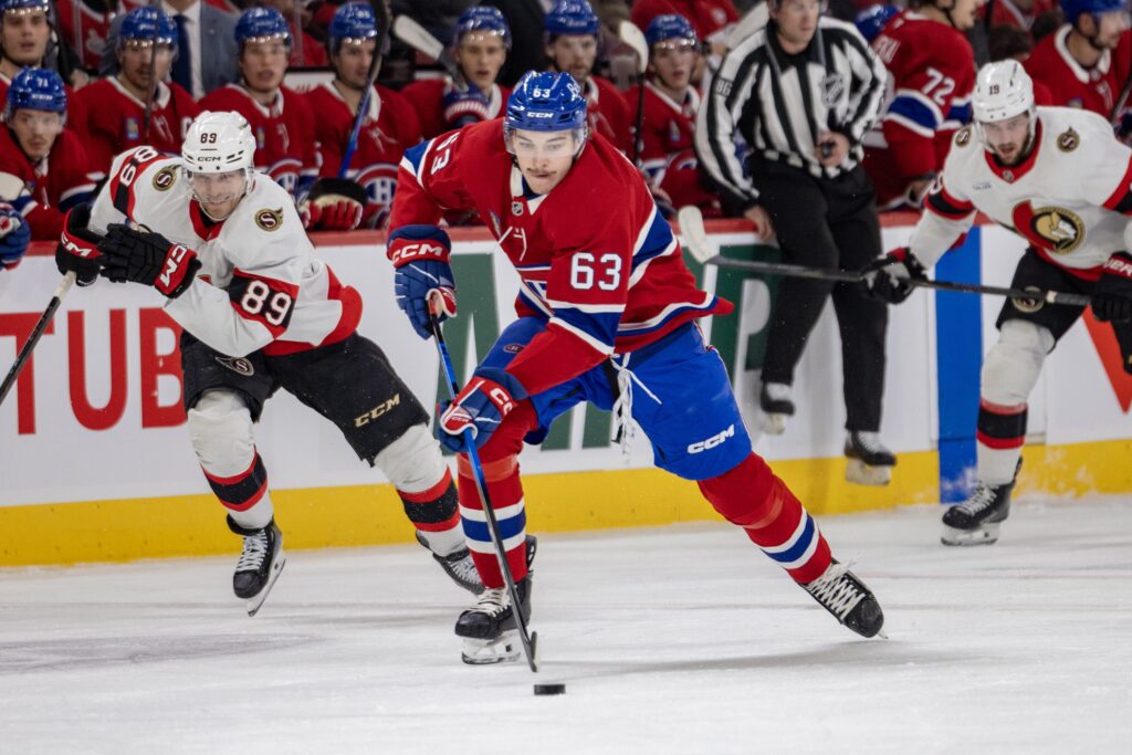 Canadiens' Florian Xhekaj, seen with puck on his stick during a game last December against the Senators at the Bell Centre.