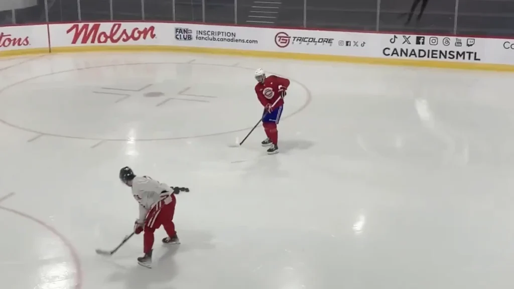 The Montreal Canadiens at their morning practice in Brossard, with Kirby Dach.