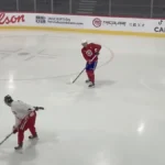 The Montreal Canadiens at their morning practice in Brossard, with Kirby Dach.
