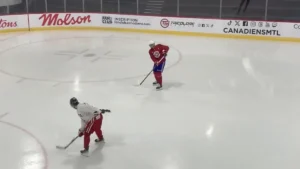 The Montreal Canadiens at their morning practice in Brossard, with Kirby Dach.