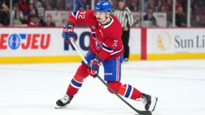 Montreal Canadiens defenseman Arber Xhekaj (72) takes a shot during the second period of the game against the Tampa Bay Lightning at the Bell Centre.