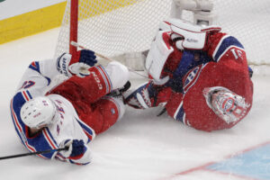 Chris Kreider of the New York Rangers crashes into Canadiens' Carey Price during Eastern Conference final game in Montreal on May 17, 2014.