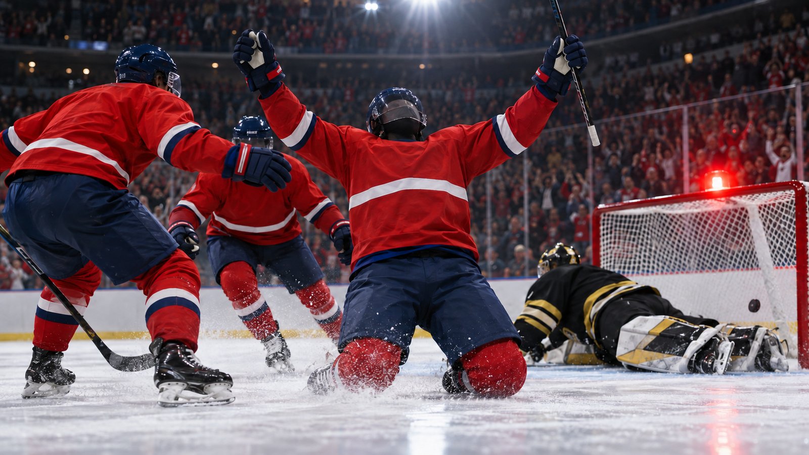 NHL recap featured image: hockey players celebrate a goal as the goal light glows in a packed arena