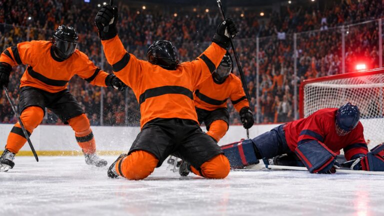 NHL recap featured image: hockey players celebrate an overtime goal as the goal light glows in a packed arena