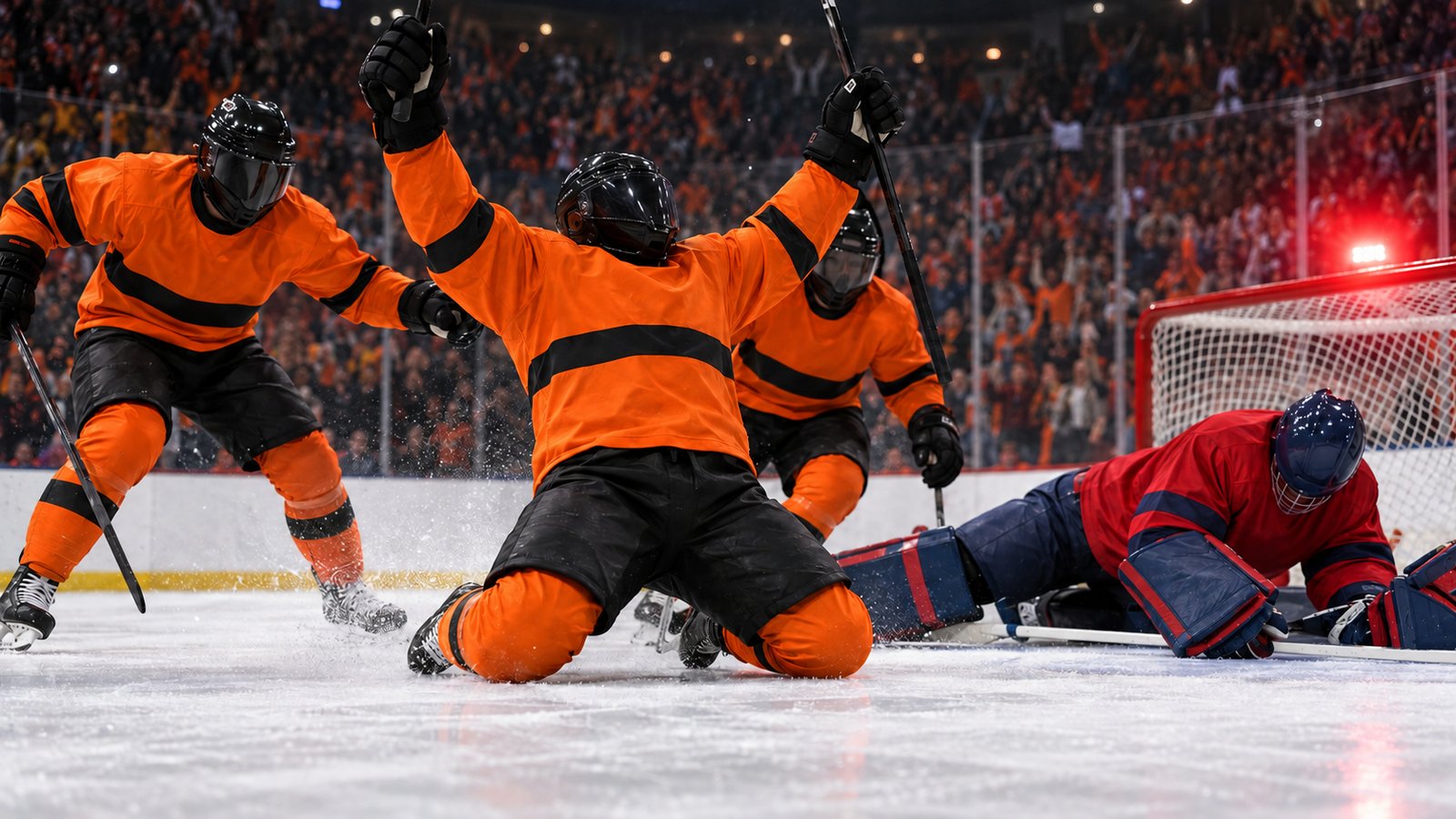 NHL recap featured image: hockey players celebrate an overtime goal as the goal light glows in a packed arena