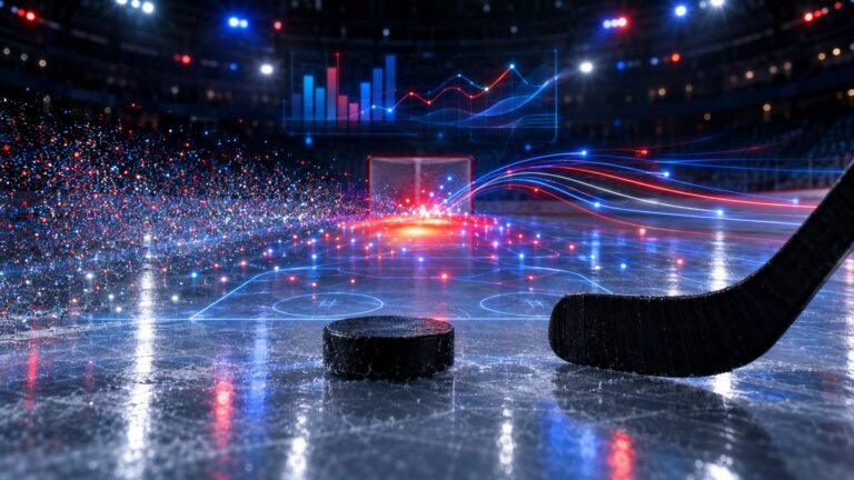 Habs by the numbers: a puck and stick blade on the ice as red and blue shot-location data trails flow toward the net