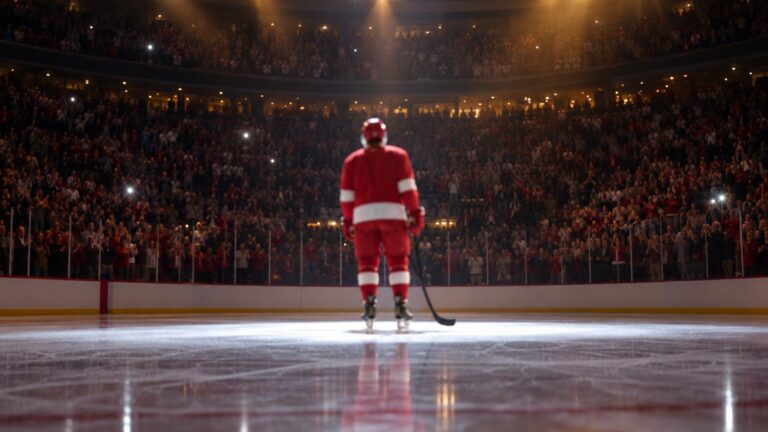 Résumé LNH : un joueur seul en uniforme rouge se tient dans un faisceau de lumière au centre de la glace pendant que les partisans debout applaudissent dans l'aréna