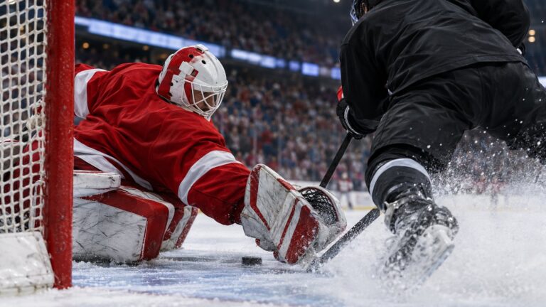Résumé LNH : action au ras de la glace alors qu'un gardien en uniforme rouge et blanc uni glisse dans la zone de but pour stopper un tir pendant qu'un patineur fonce vers le filet