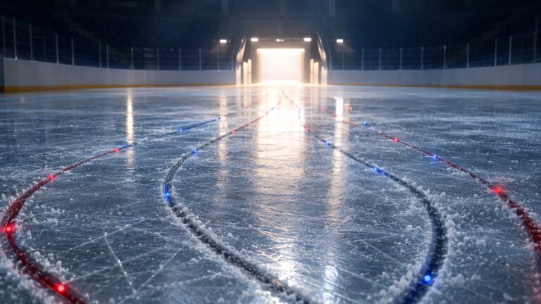 Espoirs du Canadien : des traces de patins ponctuées de points rouges et bleus convergent vers un tunnel d'aréna illuminé