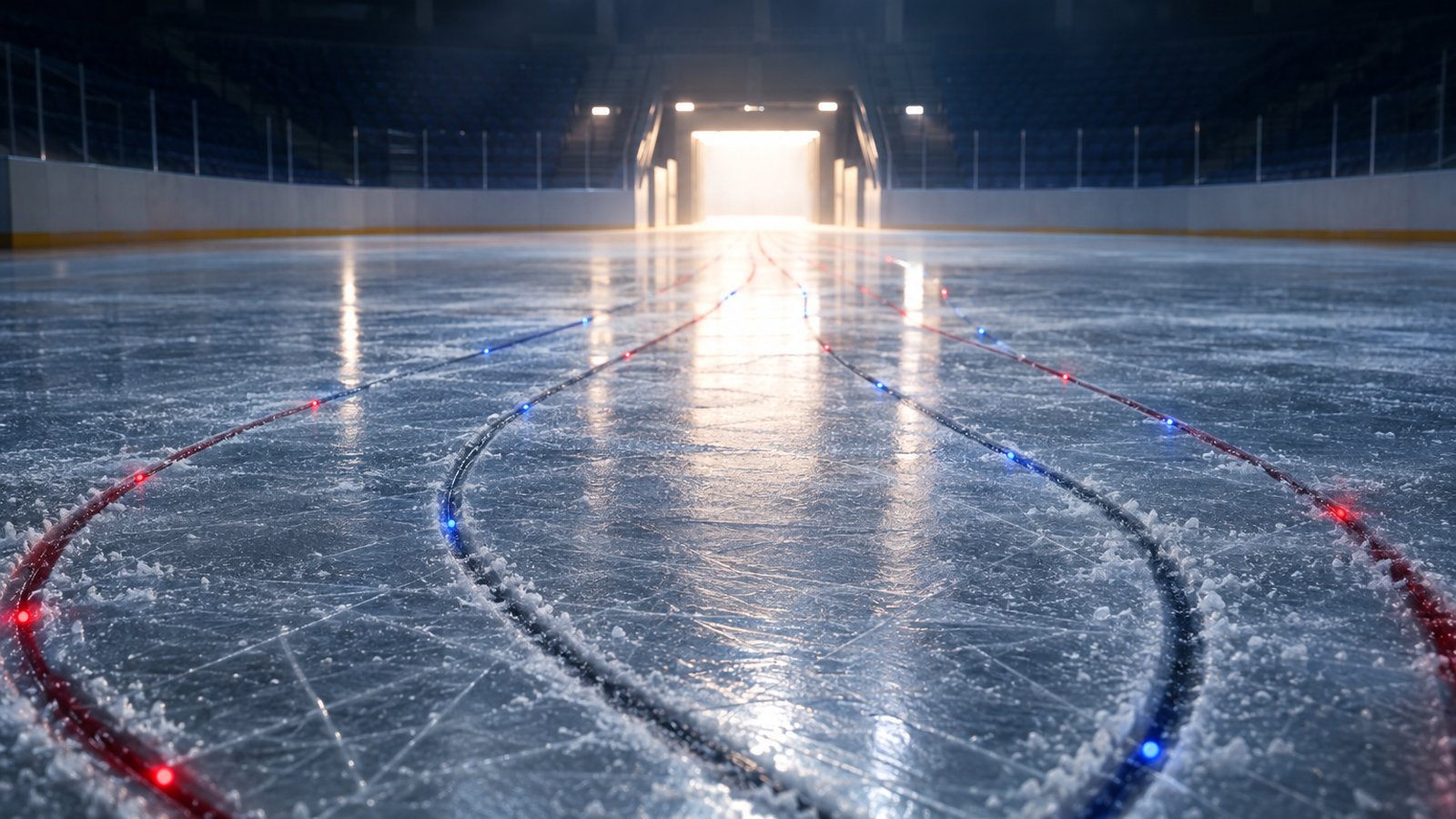 Habs prospects: skate tracks dotted with red and blue data points converge across worn ice toward a bright arena tunnel