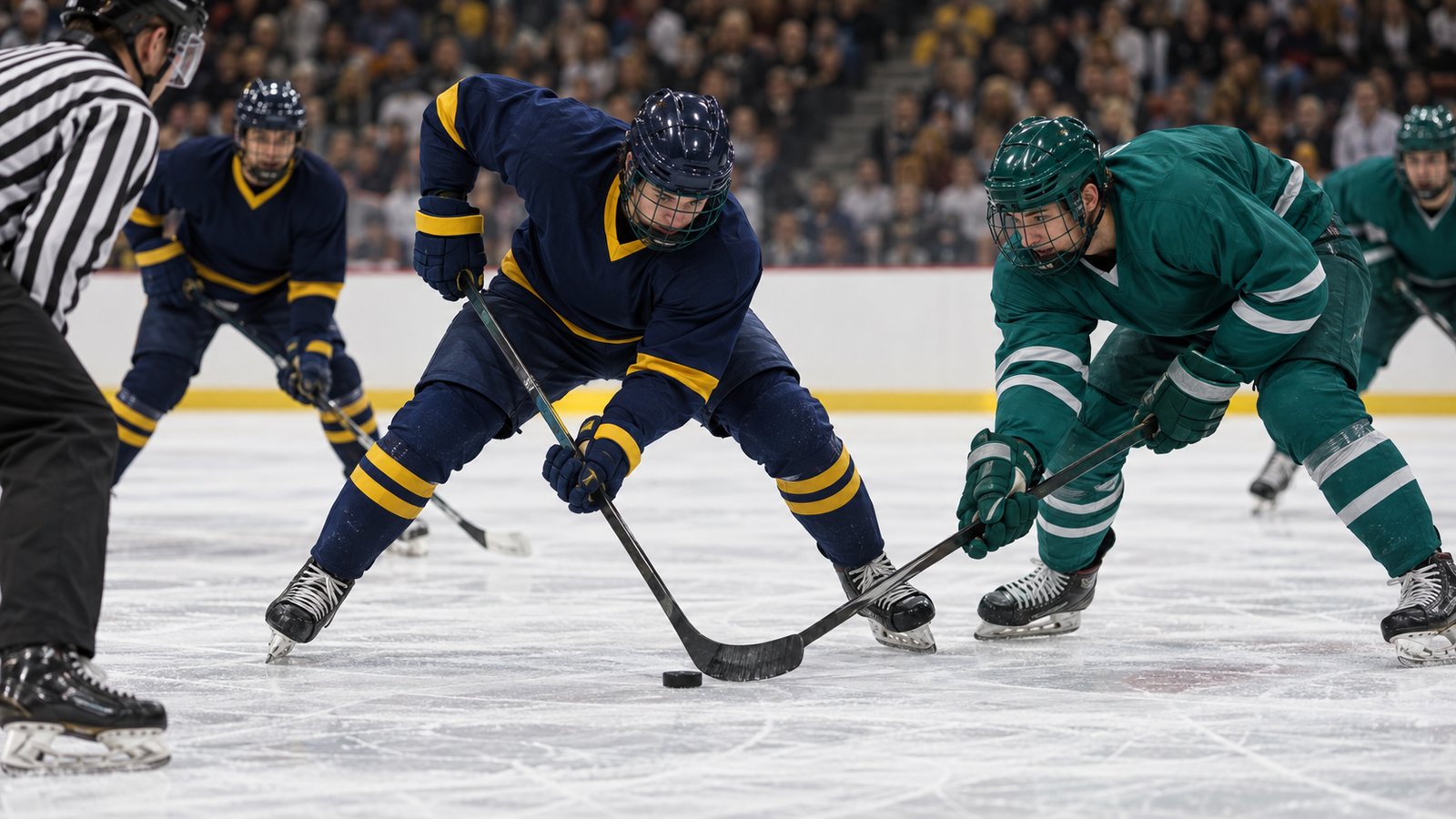 Michael Hage recap image: college hockey centre in a navy jersey winning a faceoff against an opponent in green
