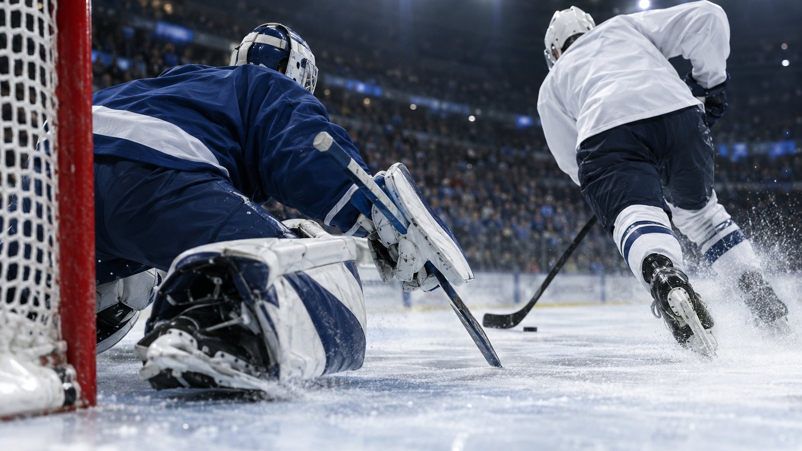 Résumé LNH : action au ras de la glace alors qu'un gardien en uniforme bleu marine et blanc uni recule vers le poteau pendant qu'un patineur fonce vers le filet