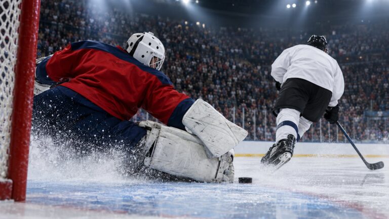 NHL recap: a masked goalie in a plain red and navy jersey makes a low pad save on a shootout attempt, viewed from ice level