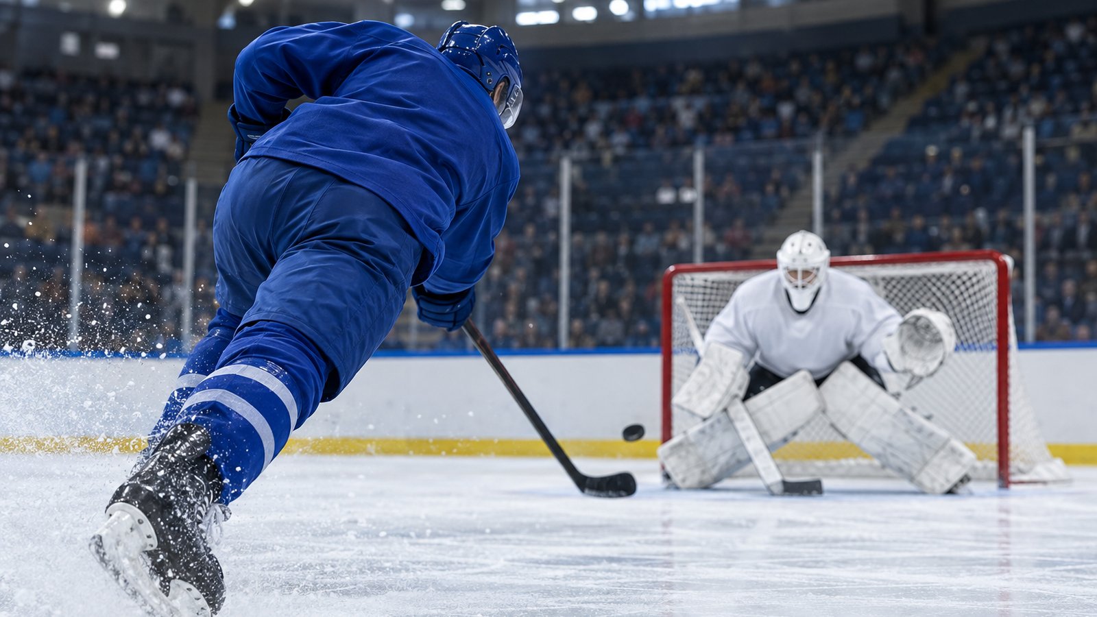 NHL recap: an anonymous skater in a plain blue jersey shoots near the crease against a masked goalie in a plain white jersey
