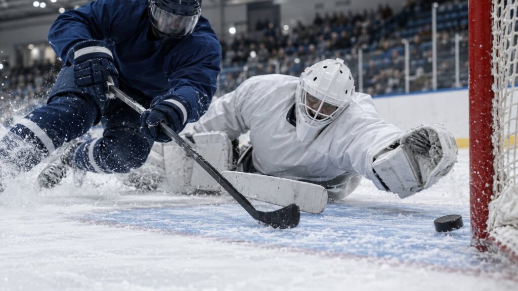 NHL recap: a low ice-level view of an anonymous skater in a plain navy jersey crashing the crease as a goalie in plain white dives across the goal line