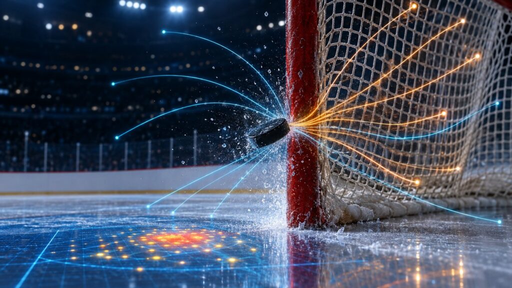 NHL week 2 analytics: a puck ricochets off the goal post as glowing cyan and amber trajectory lines split toward and away from the net above a shot-location heat map in the ice